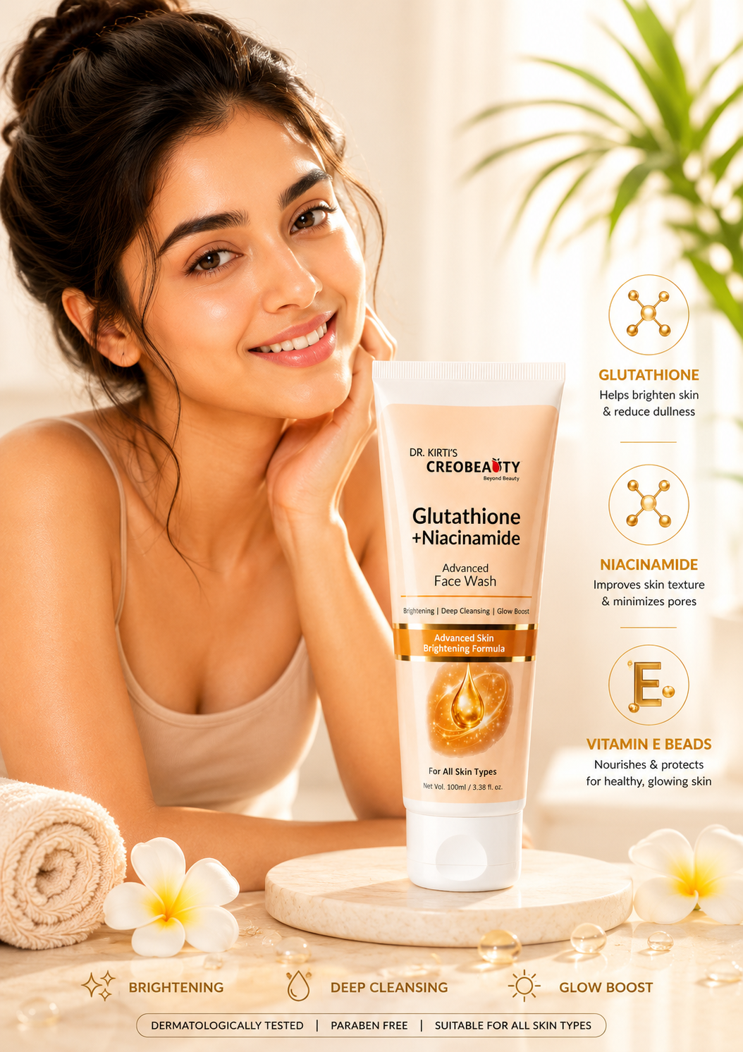 Creobeauty Glutathione & Niacinamide Face Wash | Brightening Cleanser with Aloe Vera & Vitamin E | For All Skin Types