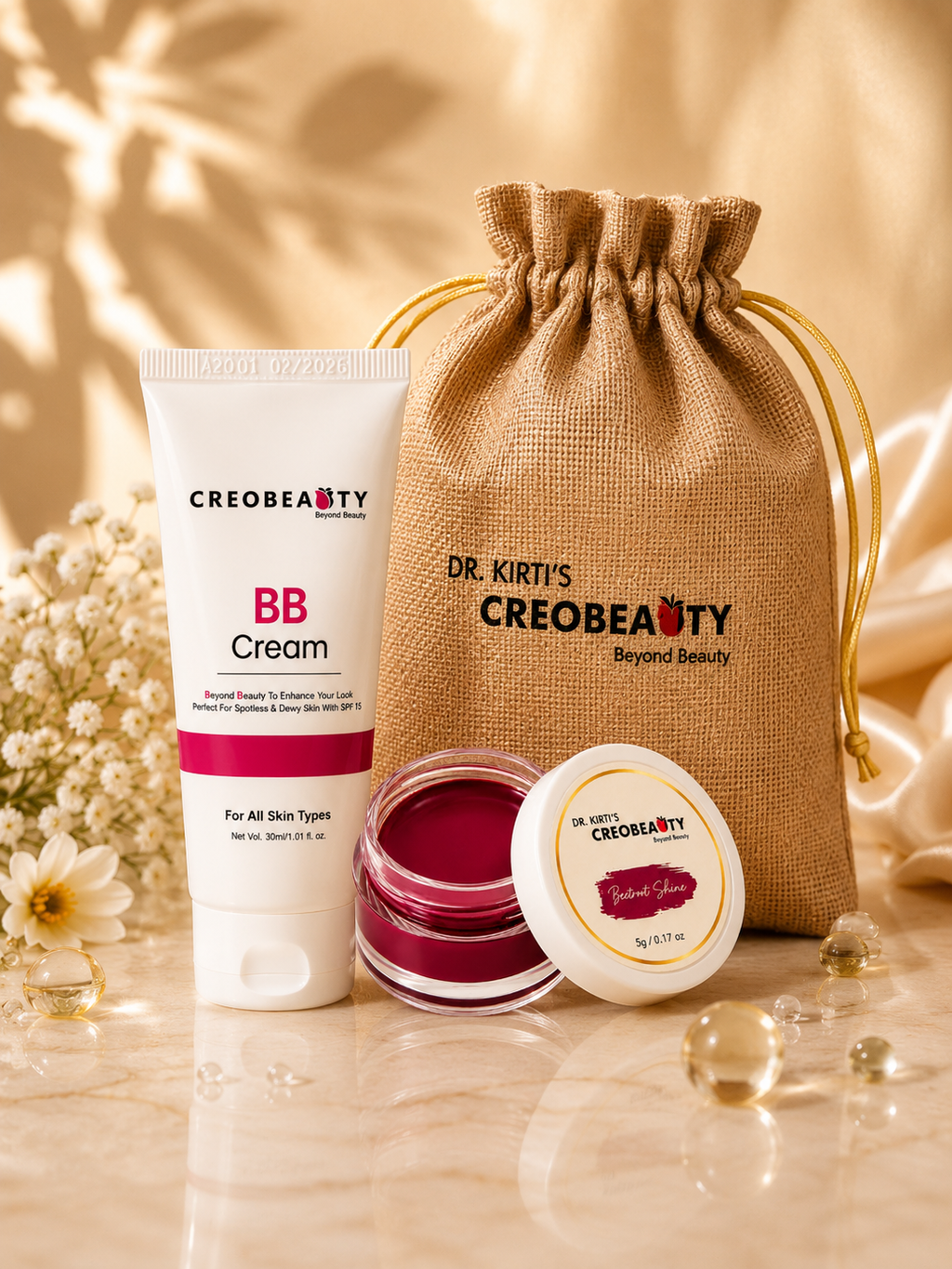 Creobeauty BB Cream + Beetroot Lip & Cheek Tint Combo | Natural Everyday Makeup Kit | Lightweight Coverage & Long-Lasting Glow