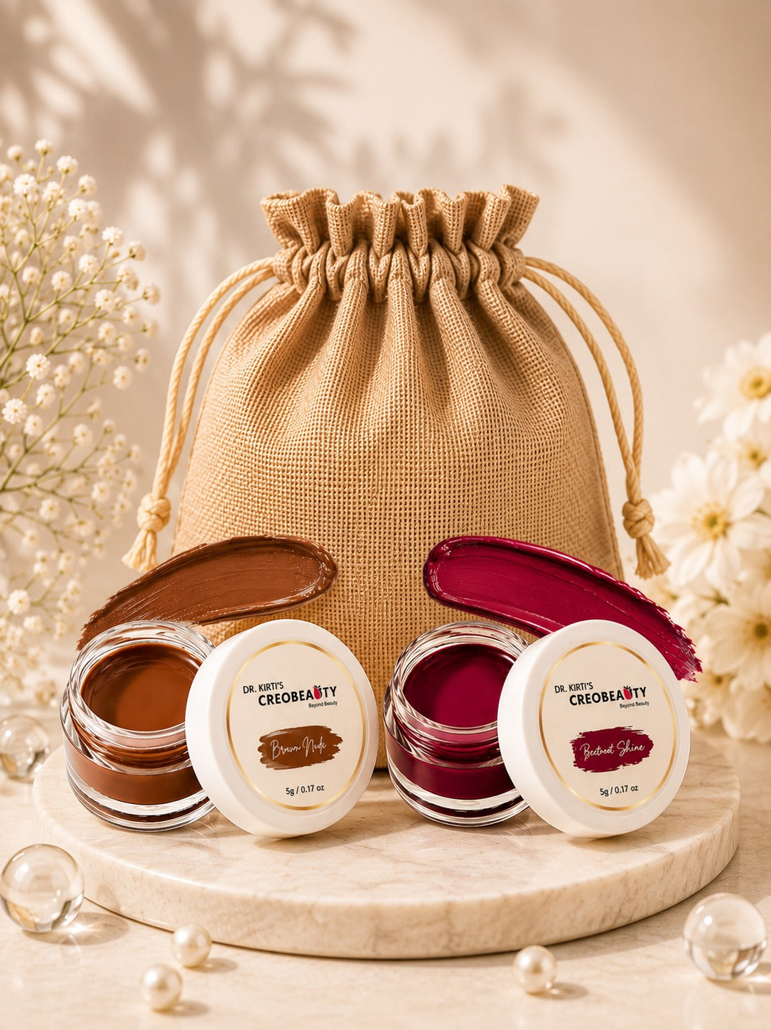 Creobeauty Browny Nude + Beetroot Lip & Cheek Tint Duo | 2 Long-Lasting Shades | Lightweight & Blendable | Everyday Makeup Combo