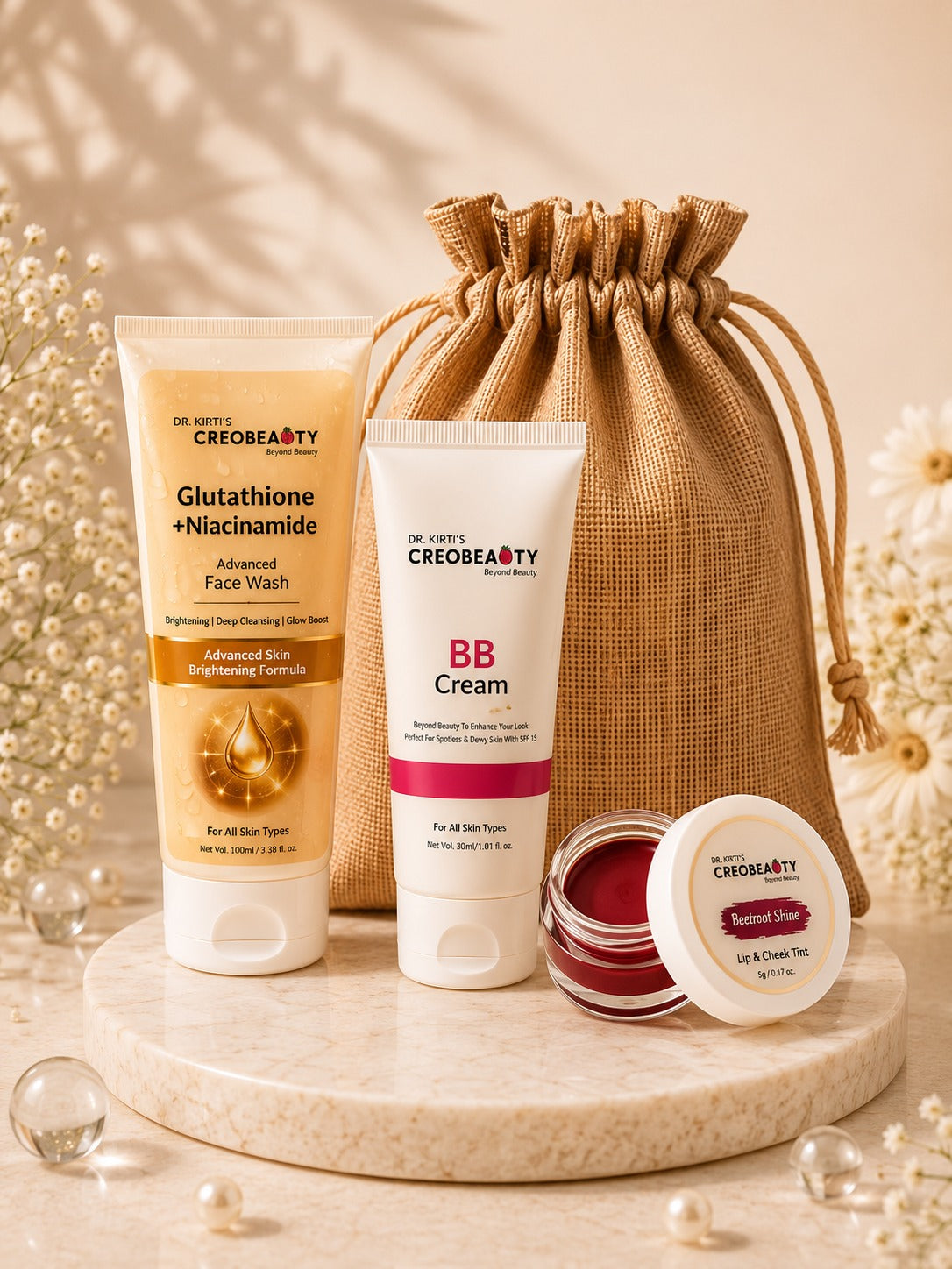 Creobeauty BB Cream + Glutathione & Niacinamide Face Wash + Beetroot Lip & Cheek Tint Combo | Everyday Skincare & Makeup Kit