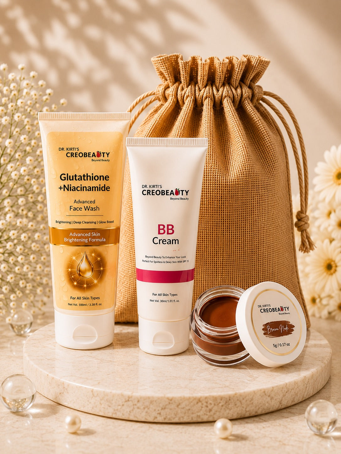 Creobeauty BB Cream + Glutathione & Niacinamide Face Wash + Browny Nude Lip & Cheek Tint Combo | Everyday Skincare & Makeup Kit