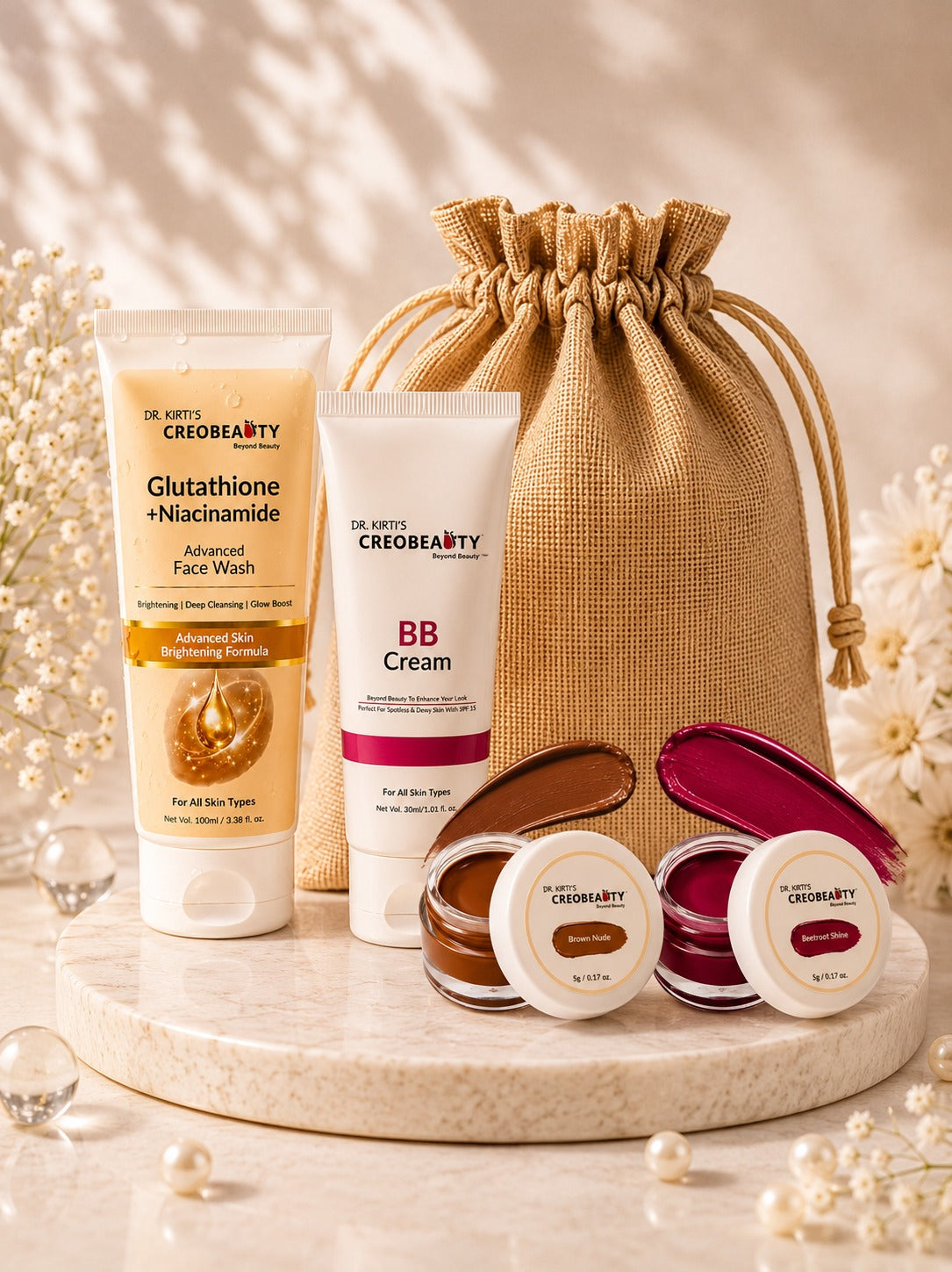 Creobeauty Complete Beauty Kit | BB Cream + Glutathione & Niacinamide Face Wash + Browny Nude & Beetroot Lip & Cheek Tints | Everyday Skincare & Makeup Combo